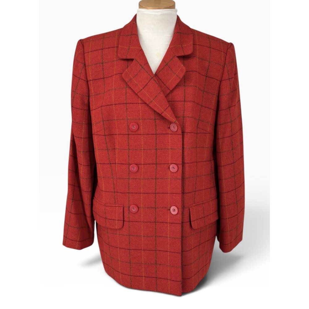 Jones New York Jacket Women 14 Red Excellent Vintage 90s Wool Plaid Blazer